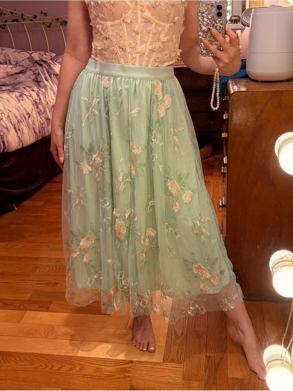 NWT Sage Green Floral Embroidered Midi Skirt